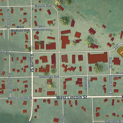 Close-up of the map of Madison, Kansas print showing street and building detail