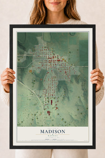Map of Madison, Kansas, 18 x 24 inch print in a black wood frame