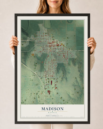Map of Madison, Kansas, 24 x 36 inch print in a black wood frame