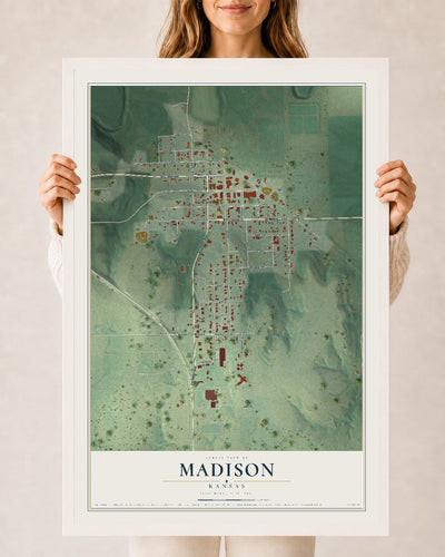 Map of Madison, Kansas, 24 x 36 inch print in a white wood frame