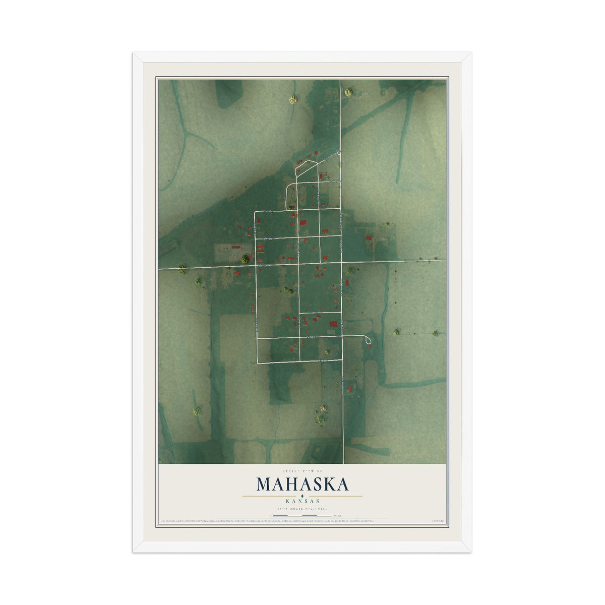 Map of Mahaska, Kansas, 12 x 18 inch print in a white wood frame