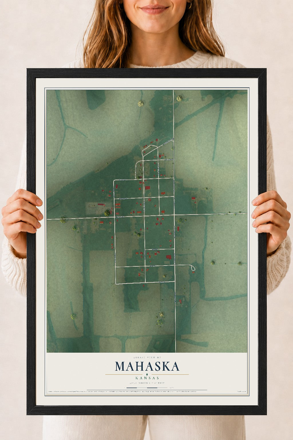 Map of Mahaska, Kansas, 18 x 24 inch print in a black wood frame