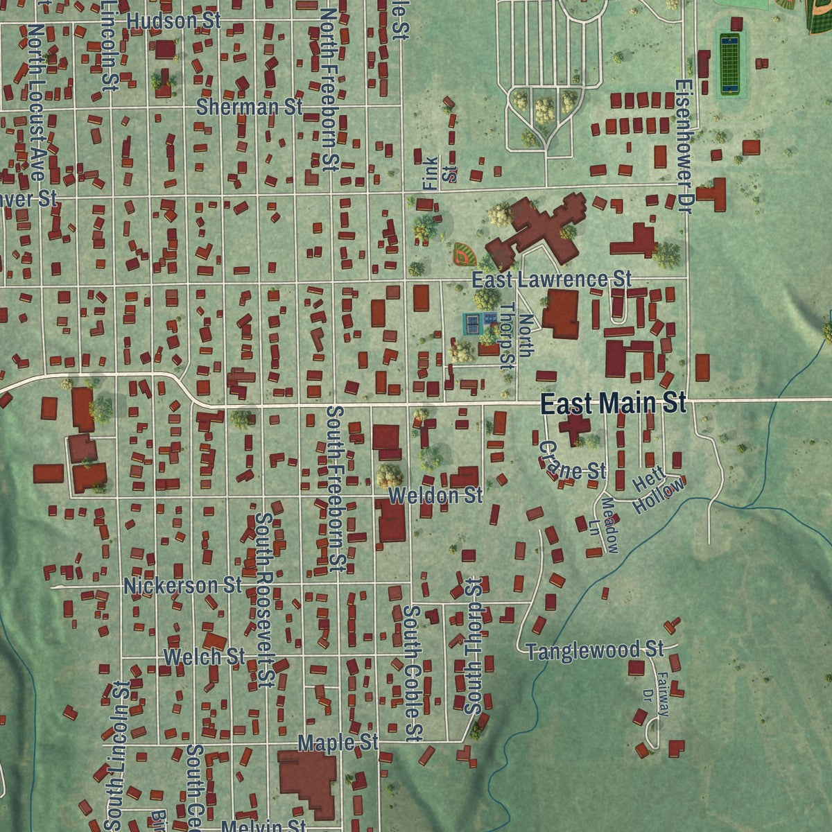 Close-up of the map of Marion, Kansas print showing street and building detail