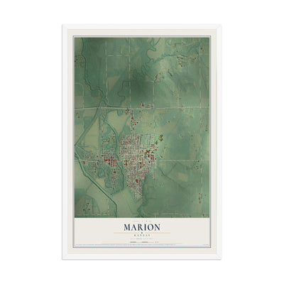 Map of Marion, Kansas, 12 x 18 inch print in a white wood frame