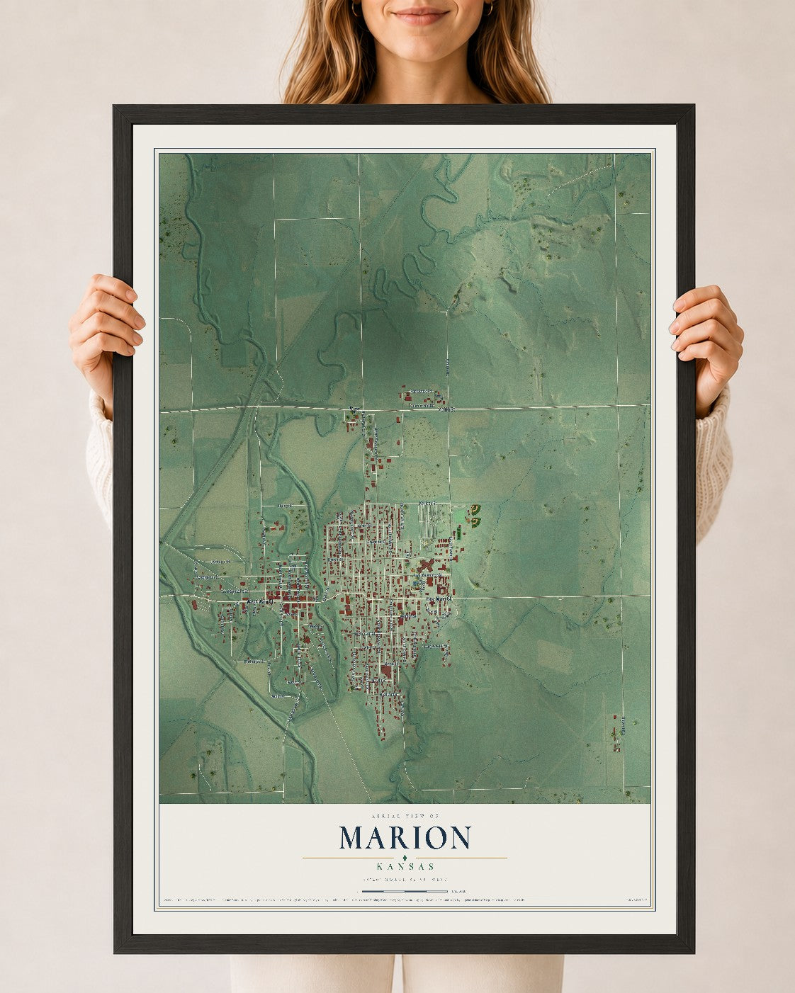 Map of Marion, Kansas, 24 x 36 inch print in a black wood frame