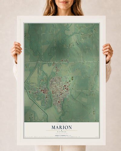 Map of Marion, Kansas, 24 x 36 inch print in a white wood frame