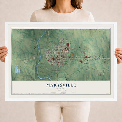 Map of Marysville, Kansas, 18 x 24 inch print in a white wood frame