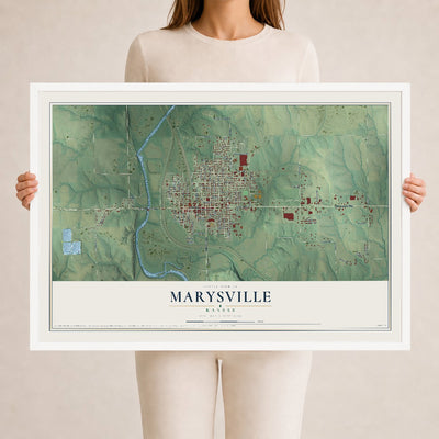 Map of Marysville, Kansas, 24 x 36 inch print in a white wood frame