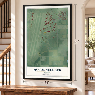 McConnell AFB, Kansas map, 24 x 36 inch print in a black frame by a staircase