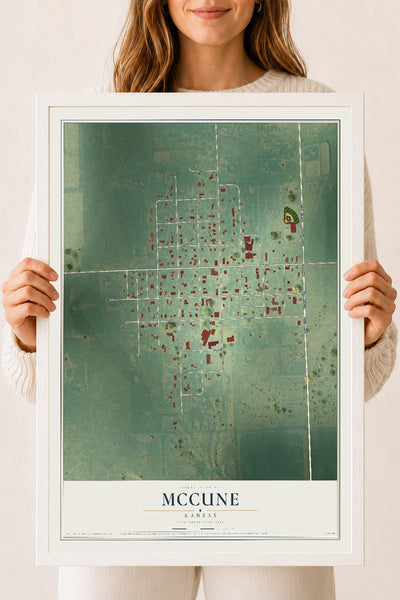 Map of McCune, Kansas, 18 x 24 inch print in a white wood frame