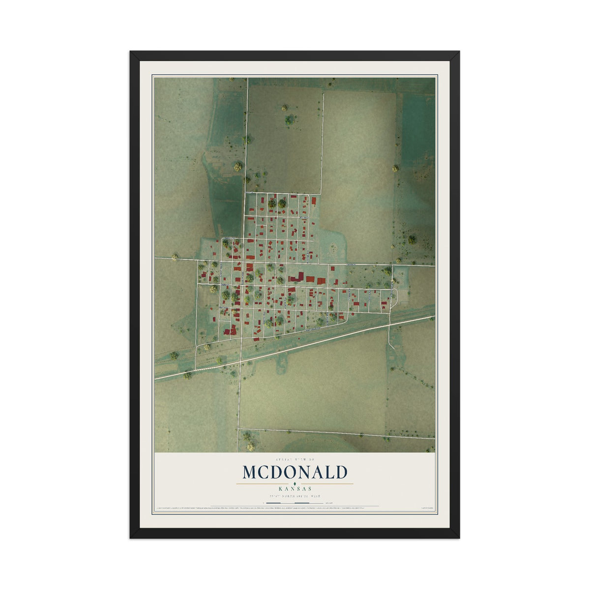 Map of McDonald, Kansas, 12 x 18 inch print in a black wood frame