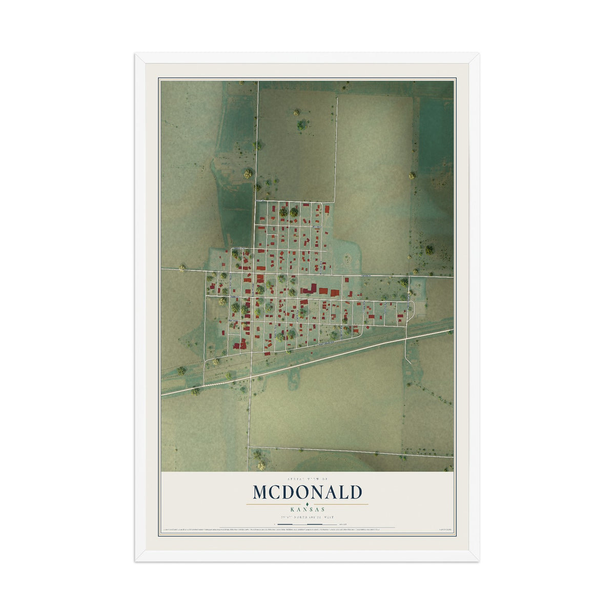 Map of McDonald, Kansas, 12 x 18 inch print in a white wood frame