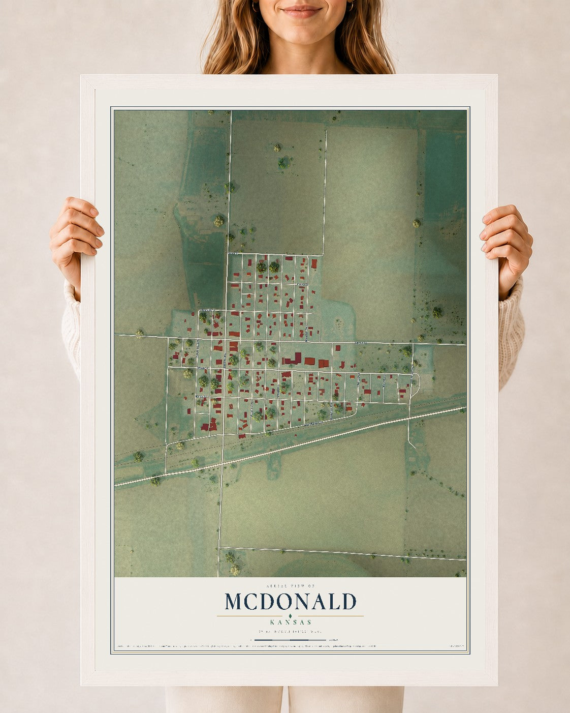 Map of McDonald, Kansas, 24 x 36 inch print in a white wood frame
