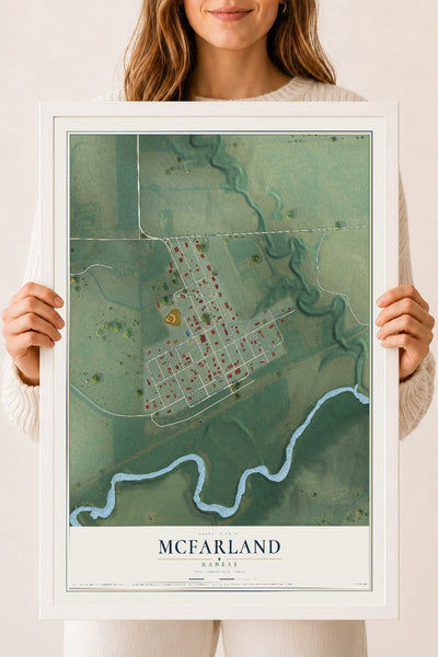 Map of McFarland, Kansas, 18 x 24 inch print in a white wood frame