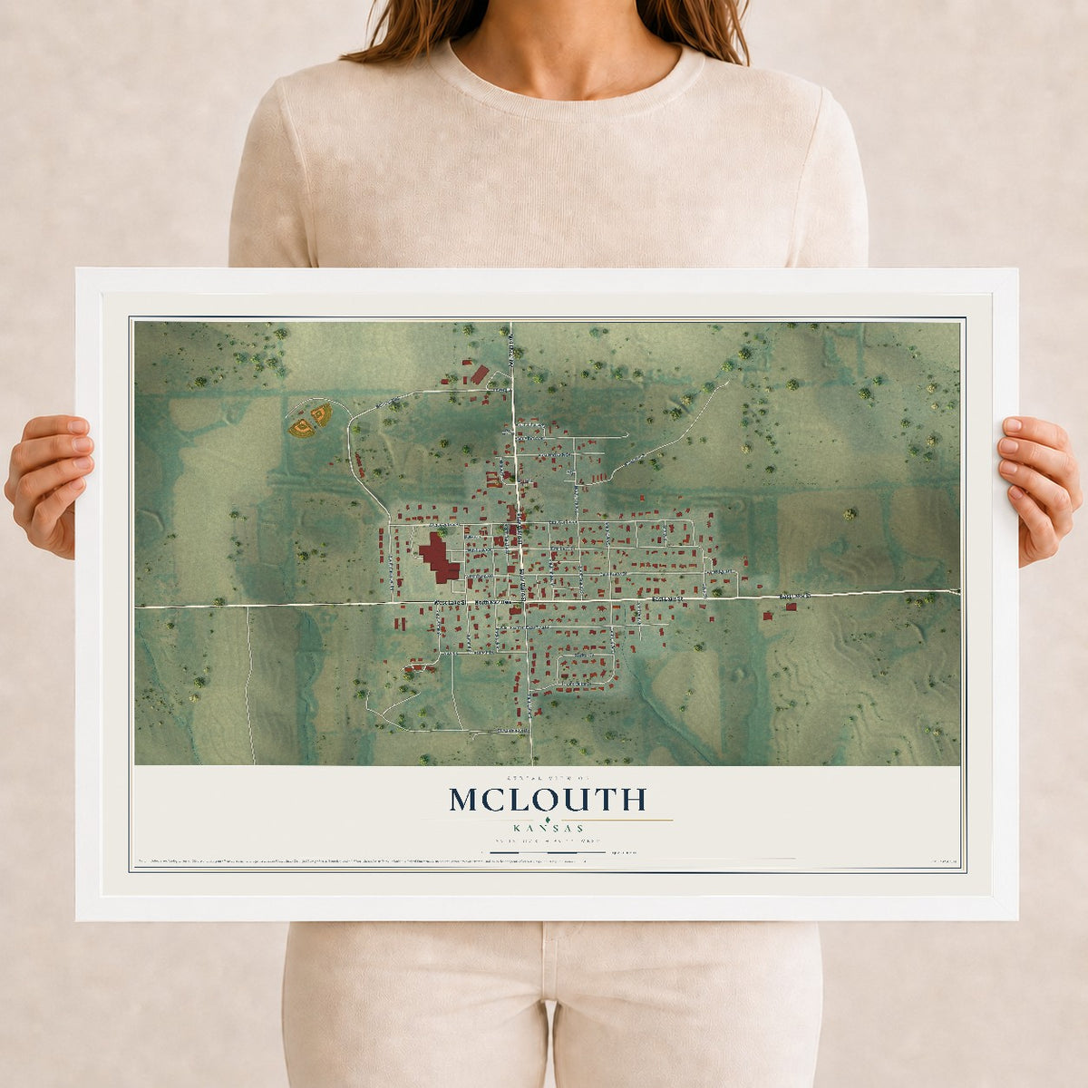 Map of McLouth, Kansas, 12 x 18 inch print in a white wood frame