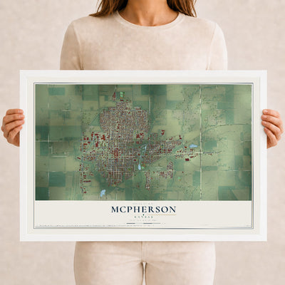 Map of McPherson, Kansas, 12 x 18 inch print in a white wood frame