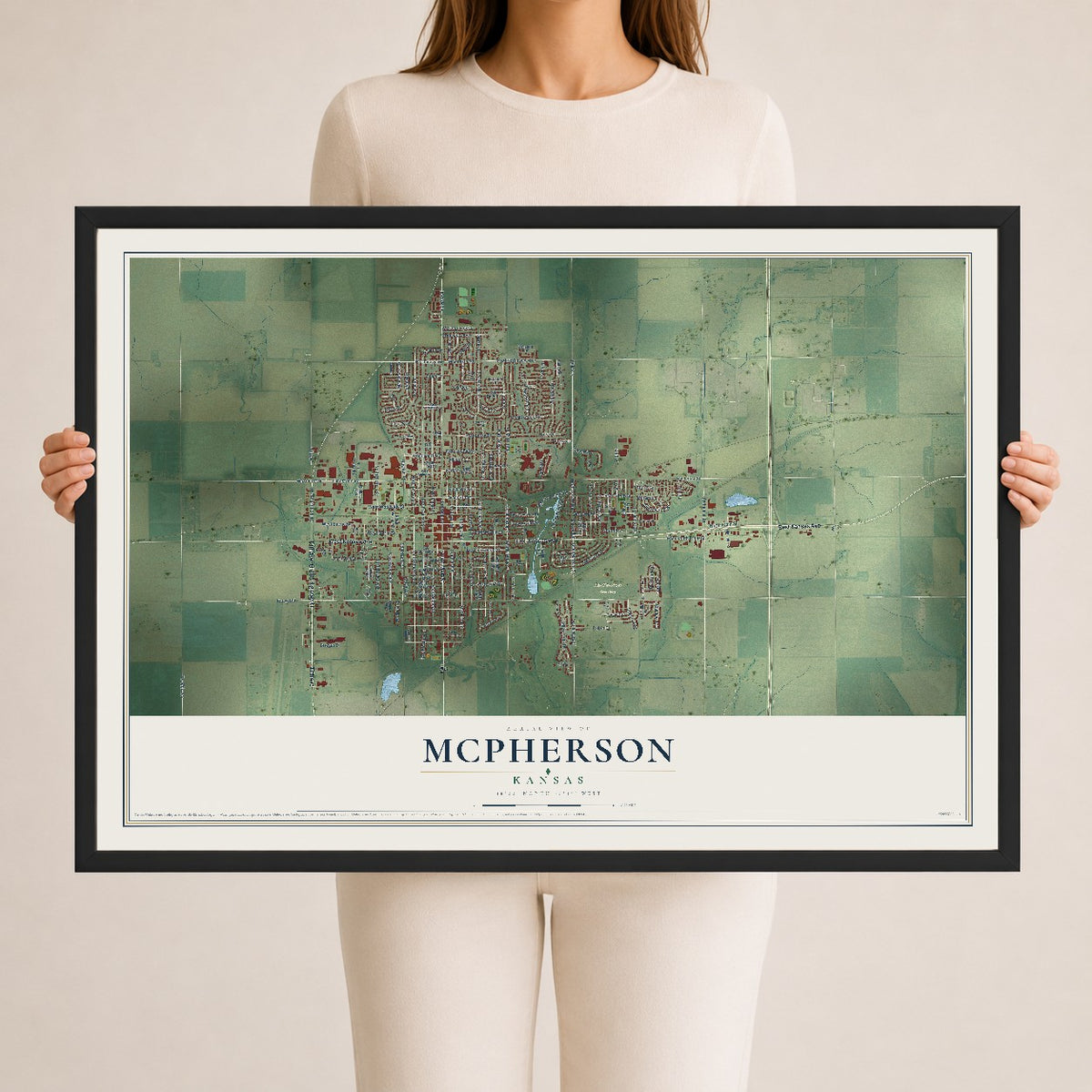Map of McPherson, Kansas, 24 x 36 inch print in a black wood frame