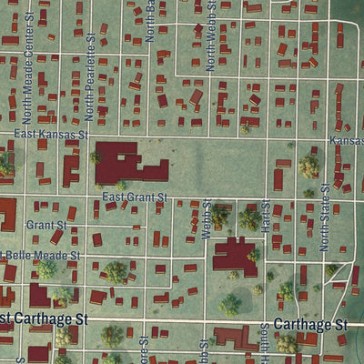 Close-up of the map of Meade, Kansas print showing street and building detail