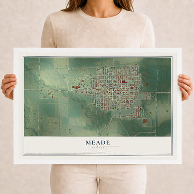 Map of Meade, Kansas, 12 x 18 inch print in a white wood frame
