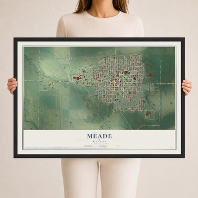 Map of Meade, Kansas, 24 x 36 inch print in a black wood frame