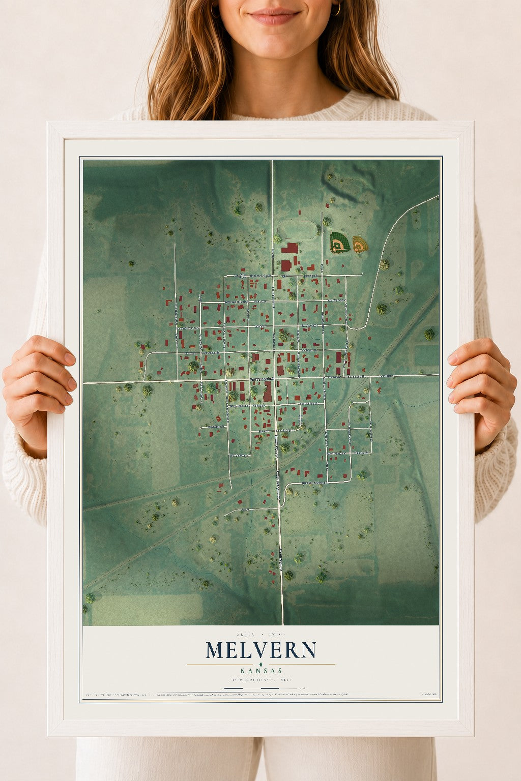 Map of Melvern, Kansas, 18 x 24 inch print in a white wood frame