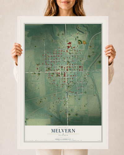 Map of Melvern, Kansas, 24 x 36 inch print in a white wood frame