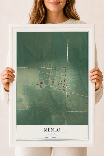 Map of Menlo, Kansas, 18 x 24 inch print in a white wood frame