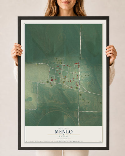 Map of Menlo, Kansas, 24 x 36 inch print in a black wood frame