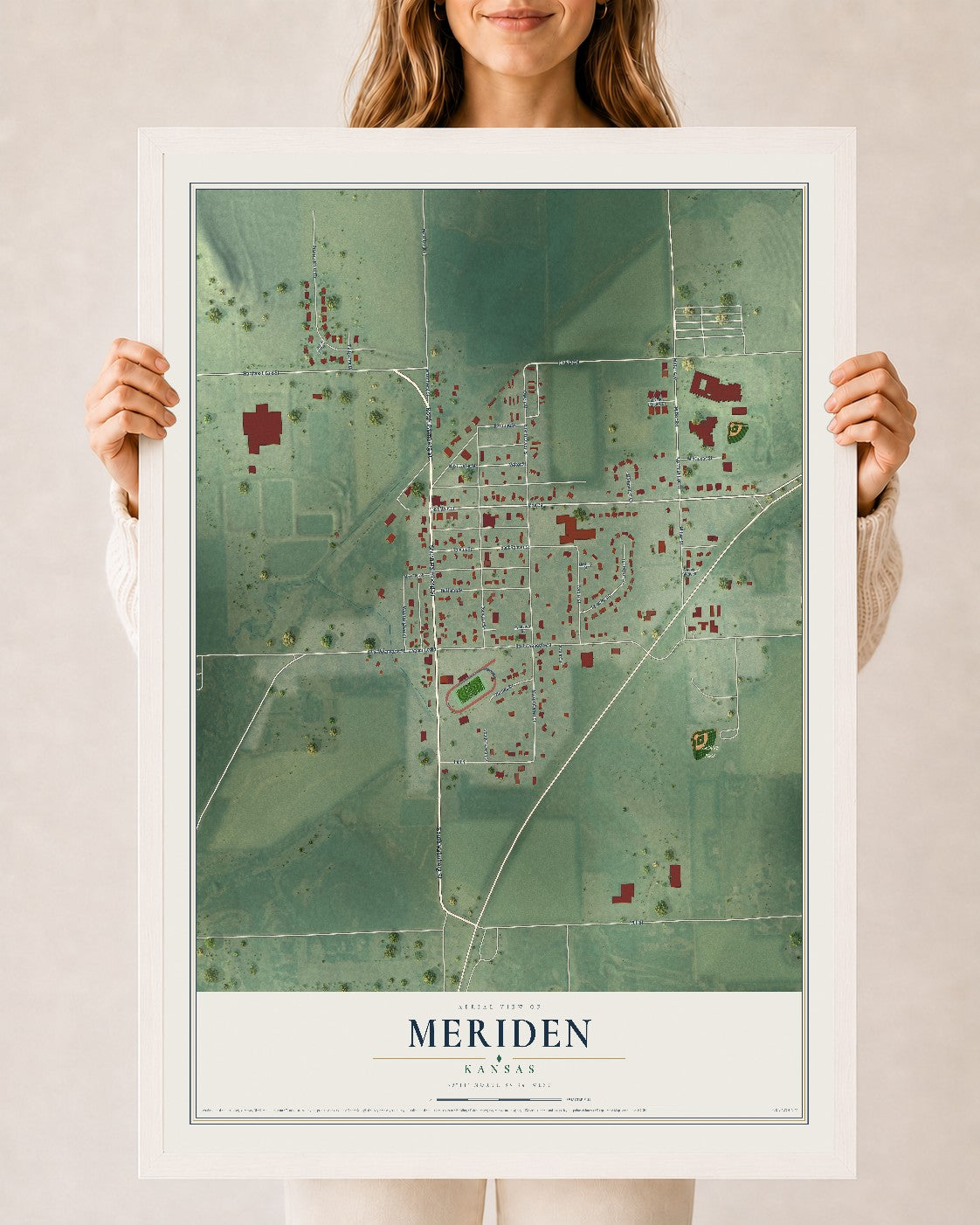Map of Meriden, Kansas, 24 x 36 inch print in a white wood frame