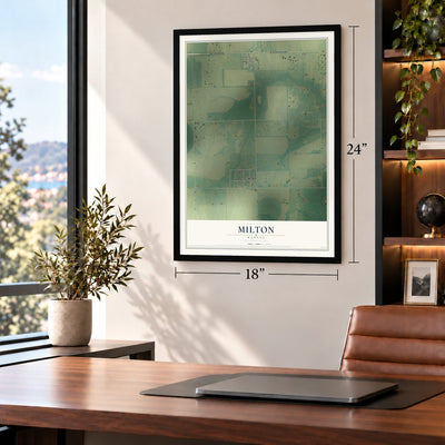 Milton, Kansas map, 18 x 24 inch print in a black frame in a home office