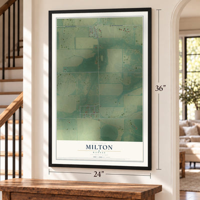 Milton, Kansas map, 24 x 36 inch print in a black frame by a staircase