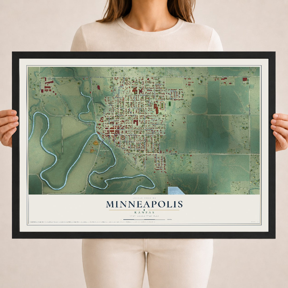 Map of Minneapolis, Kansas, 18 x 24 inch print in a black wood frame