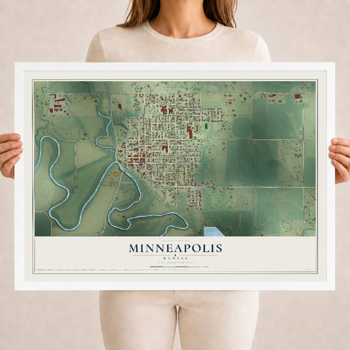 Map of Minneapolis, Kansas, 18 x 24 inch print in a white wood frame