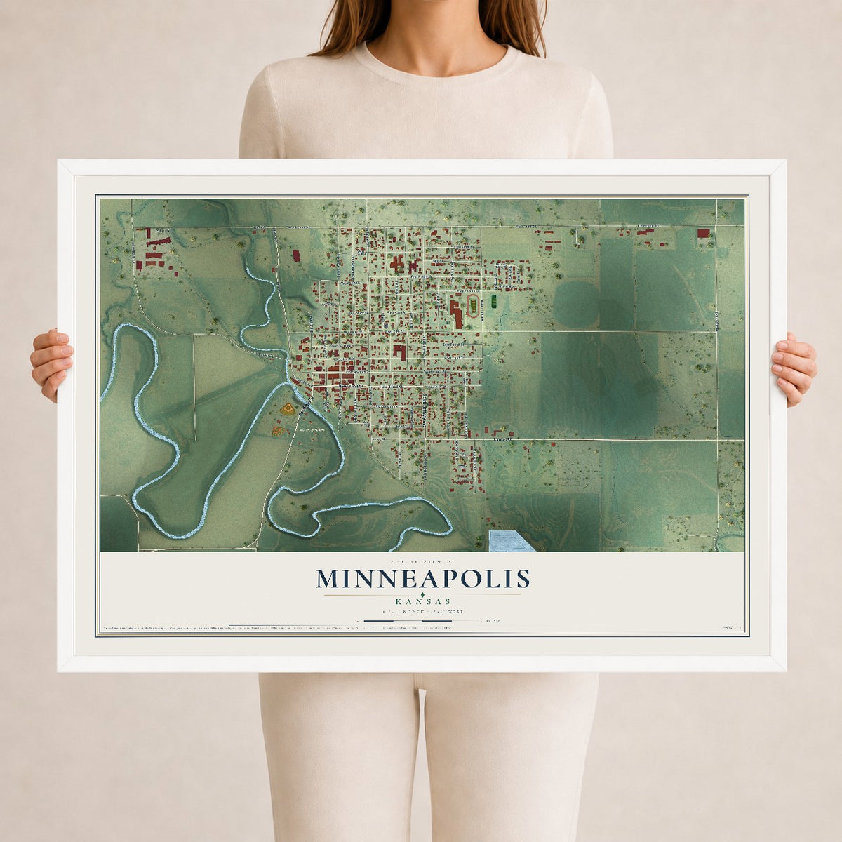 Map of Minneapolis, Kansas, 24 x 36 inch print in a white wood frame