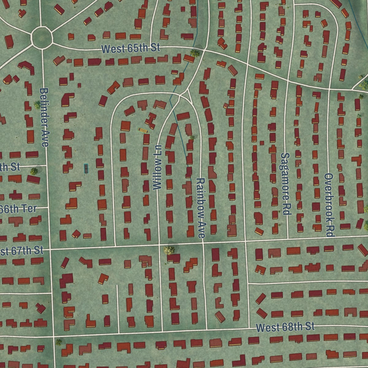Close-up of the map of Mission Hills, Kansas print showing street and building detail