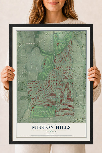 Map of Mission Hills, Kansas, 18 x 24 inch print in a black wood frame