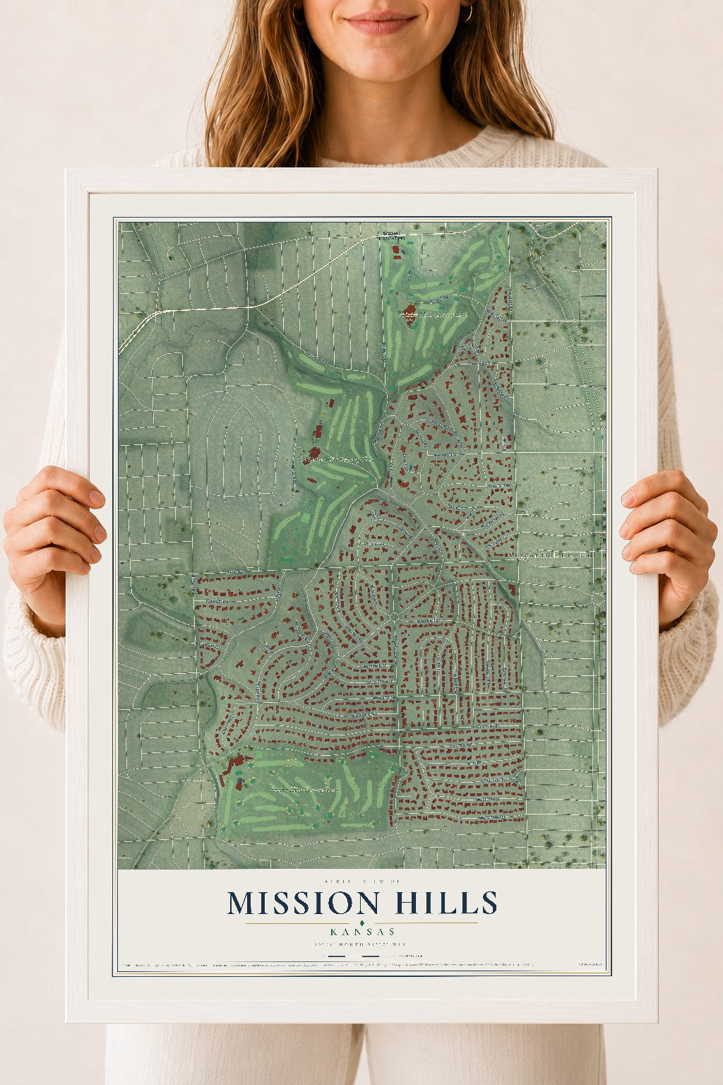 Map of Mission Hills, Kansas, 18 x 24 inch print in a white wood frame