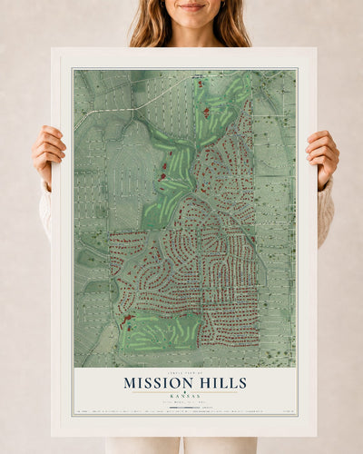 Map of Mission Hills, Kansas, 24 x 36 inch print in a white wood frame
