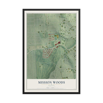 Map of Mission Woods, Kansas, 12 x 18 inch print in a black wood frame