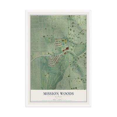Map of Mission Woods, Kansas, 12 x 18 inch print in a white wood frame
