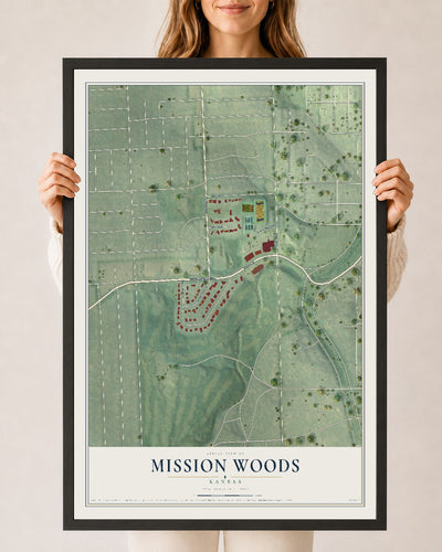 Map of Mission Woods, Kansas, 24 x 36 inch print in a black wood frame
