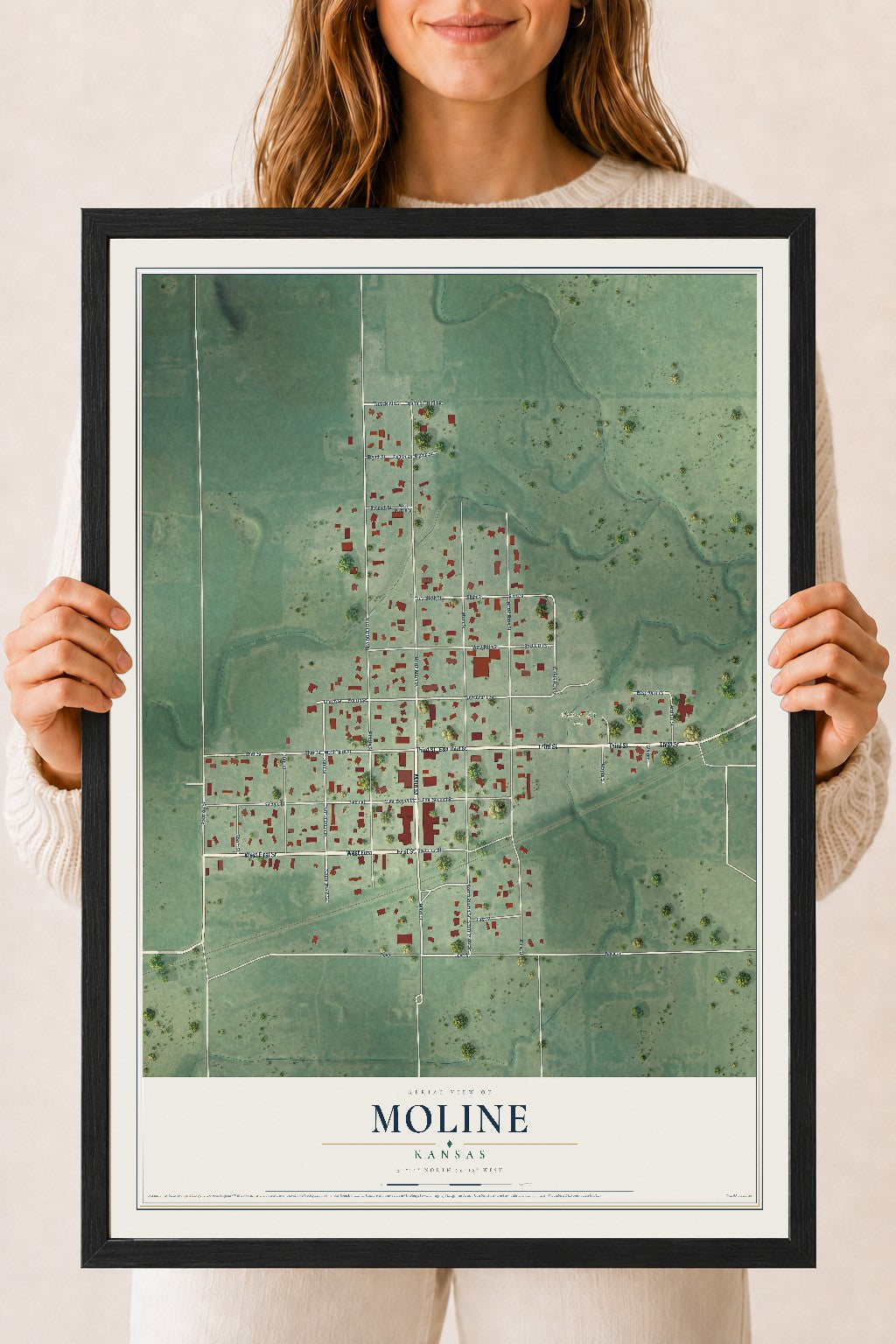 Map of Moline, Kansas, 18 x 24 inch print in a black wood frame