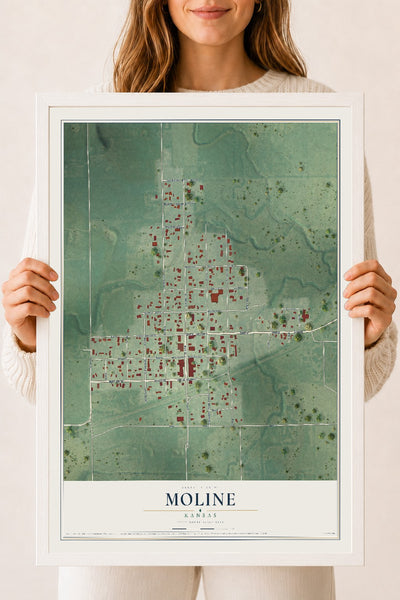 Map of Moline, Kansas, 18 x 24 inch print in a white wood frame