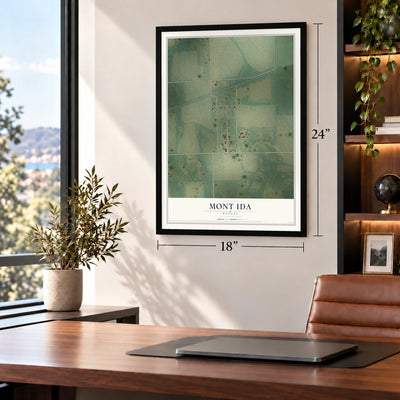 Mont Ida, Kansas map, 18 x 24 inch print in a black frame in a home office