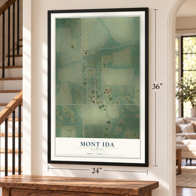Mont Ida, Kansas map, 24 x 36 inch print in a black frame by a staircase