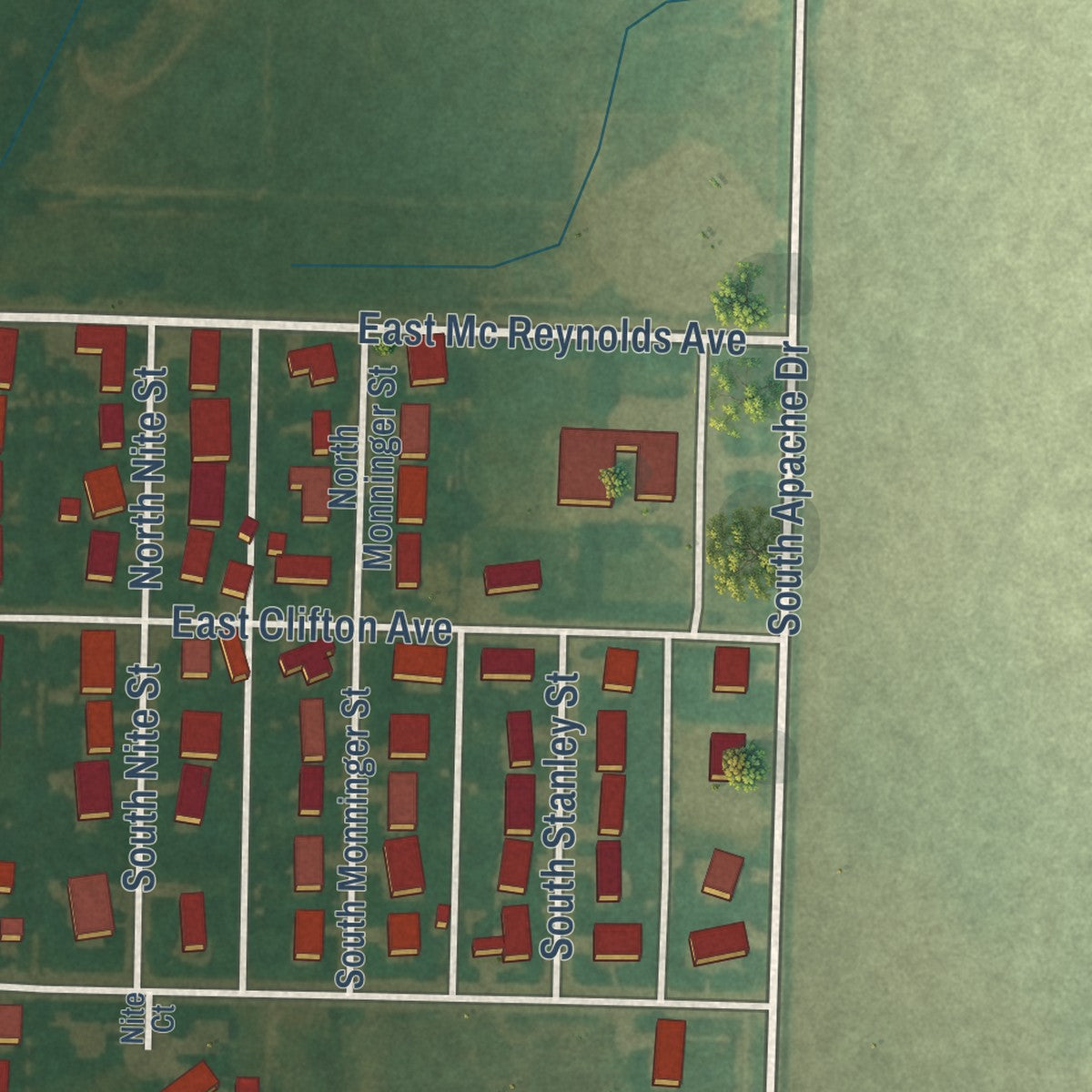 Second close-up of the map of Montezuma, Kansas print showing more streets and buildings