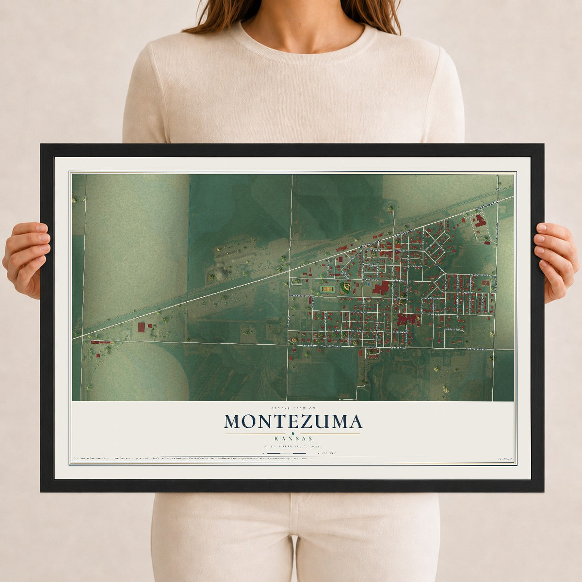 Map of Montezuma, Kansas, 12 x 18 inch print in a black wood frame