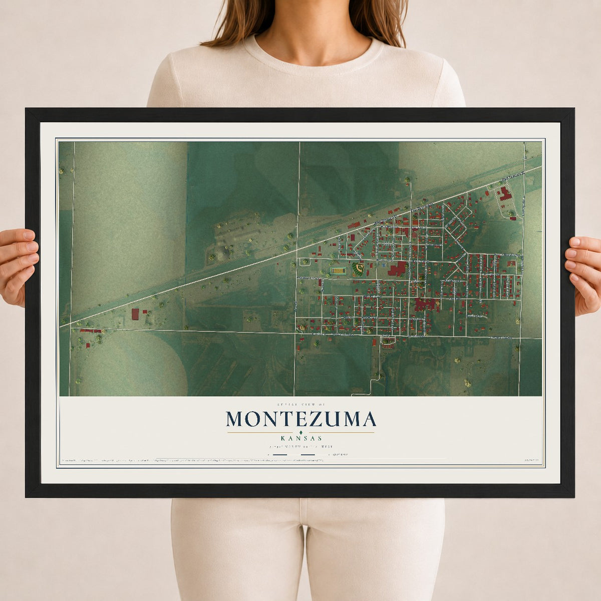 Map of Montezuma, Kansas, 18 x 24 inch print in a black wood frame