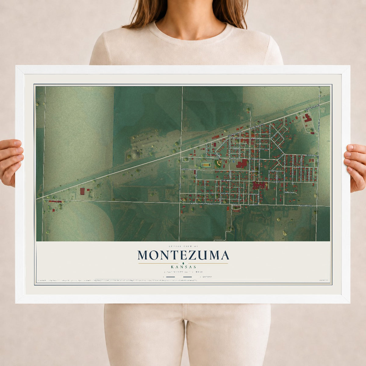 Map of Montezuma, Kansas, 18 x 24 inch print in a white wood frame