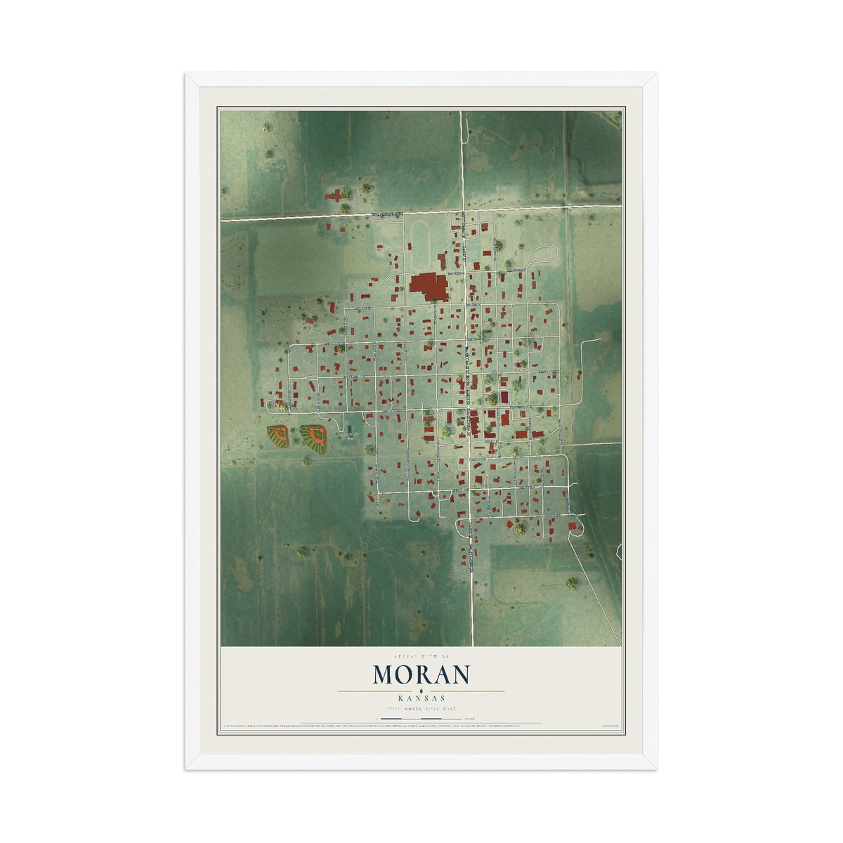 Map of Moran, Kansas, 12 x 18 inch print in a white wood frame